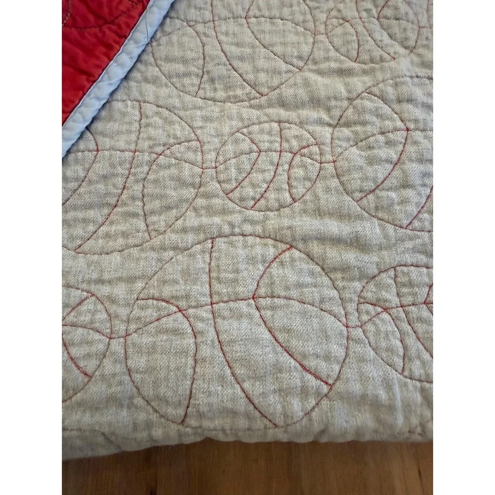 Pottery Barn Kids Twin Red Blue Embroidered Cotton Quilt Reversible Basketball